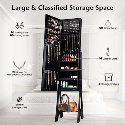Costway Freestanding Jewelry Cabinet with Full Length Frameless Mirror and Built in LED Lights-Black