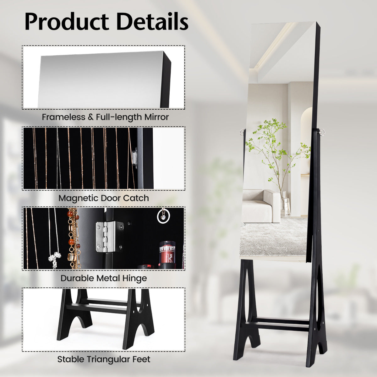 Costway Freestanding Jewelry Cabinet with Full Length Frameless Mirror and Built in LED Lights-Black