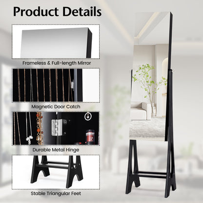 Costway Freestanding Jewelry Cabinet with Full Length Frameless Mirror and Built in LED Lights-Black