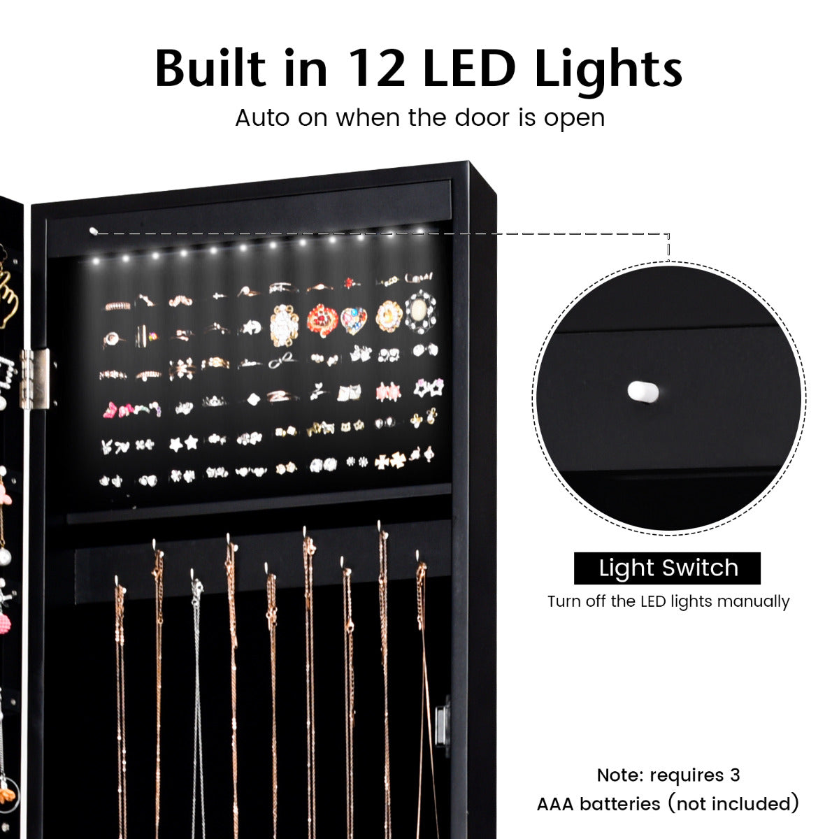 Costway Freestanding Jewelry Cabinet with Full Length Frameless Mirror and Built in LED Lights-Black