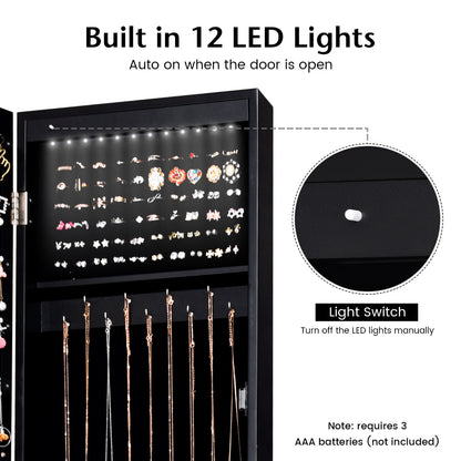 Costway Freestanding Jewelry Cabinet with Full Length Frameless Mirror and Built in LED Lights-Black