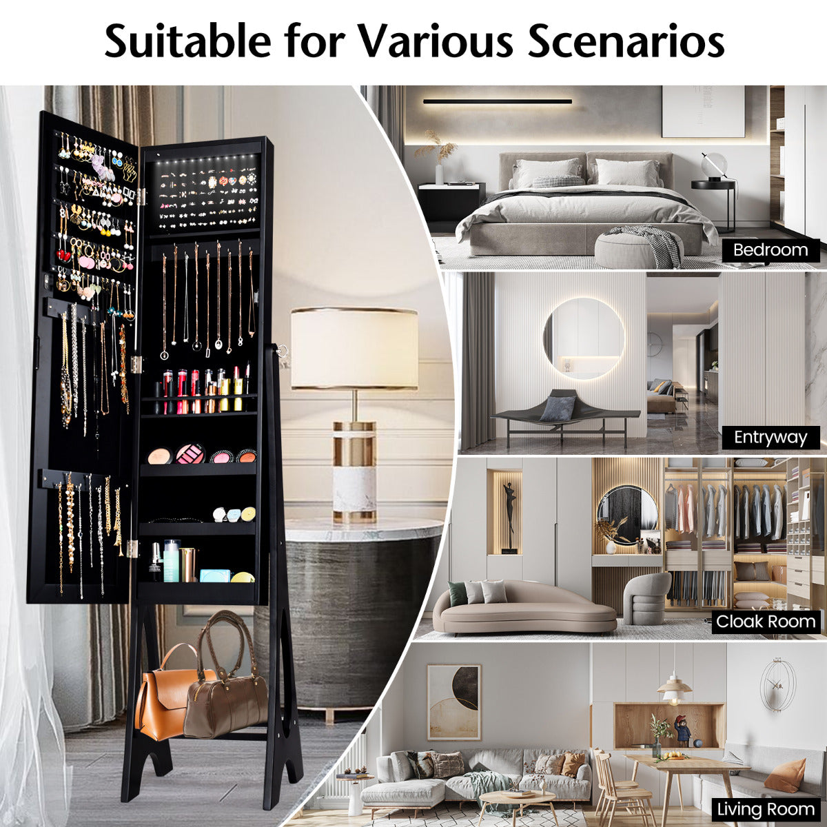 Costway Freestanding Jewelry Cabinet with Full Length Frameless Mirror and Built in LED Lights-Black
