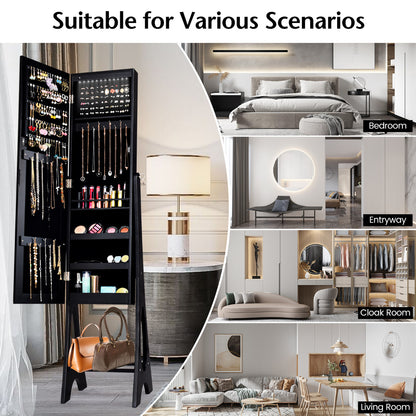 Costway Freestanding Jewelry Cabinet with Full Length Frameless Mirror and Built in LED Lights-Black