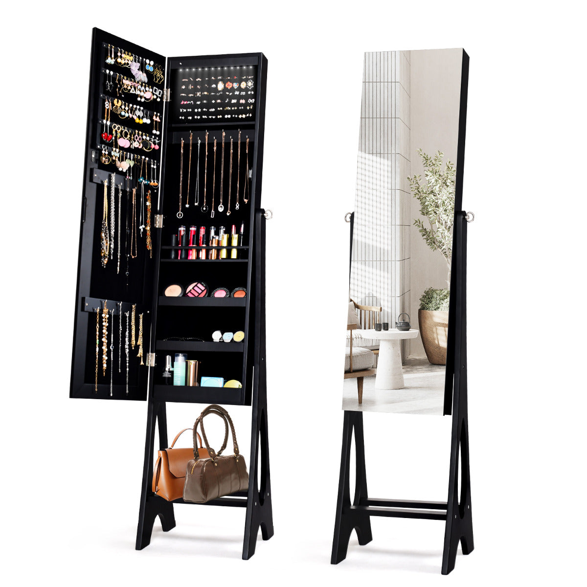 Costway Freestanding Jewelry Cabinet with Full Length Frameless Mirror and Built in LED Lights-Black