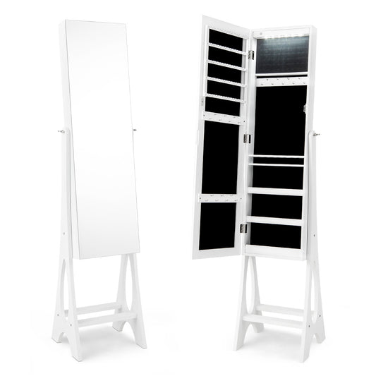 Costway Freestanding Jewelry Cabinet with Full Length Frameless Mirror and Built in LED Lights-White