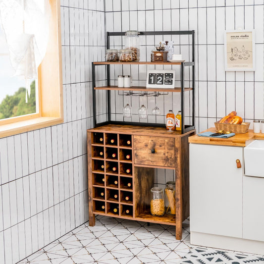 Costway Freestanding Kitchen Cabinet with Wine Rack and Drawer-Brown