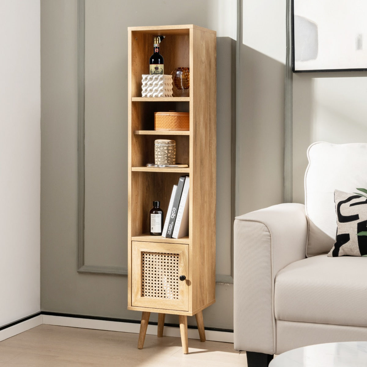 Freestanding Slim Cabinet with Rattan Door and Solid Wood Legs-Natural