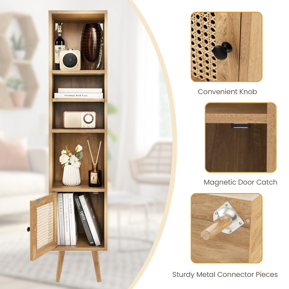 Freestanding Slim Cabinet with Rattan Door and Solid Wood Legs-Natural