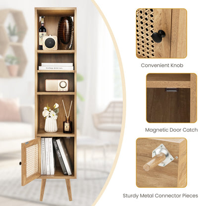 Freestanding Slim Cabinet with Rattan Door and Solid Wood Legs-Natural