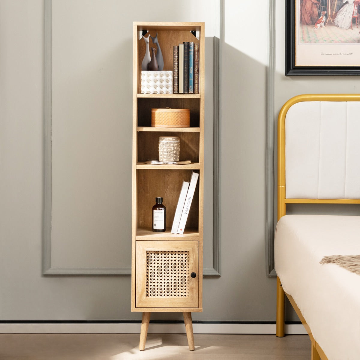 Freestanding Slim Cabinet with Rattan Door and Solid Wood Legs-Natural