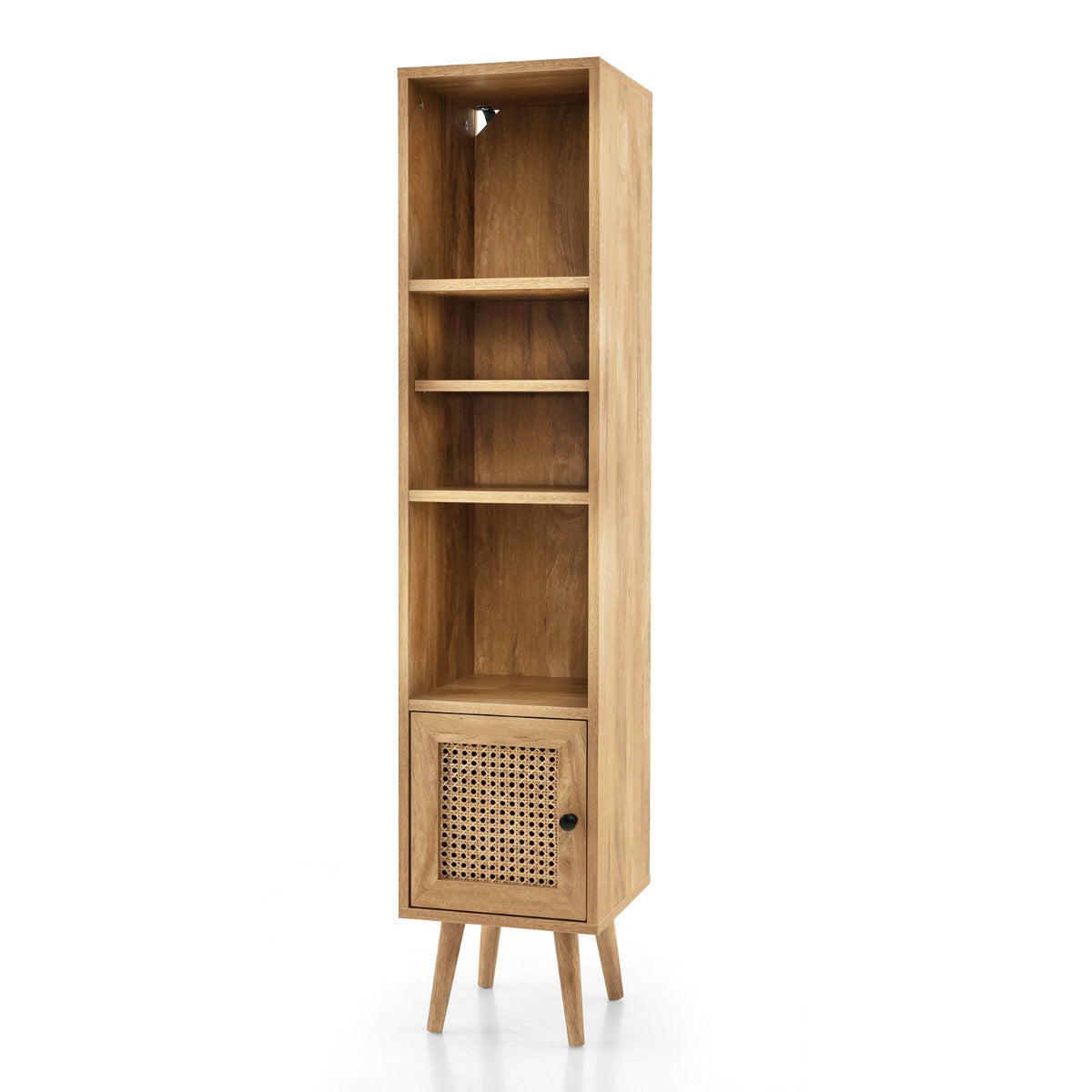 Freestanding Slim Cabinet with Rattan Door and Solid Wood Legs-Natural