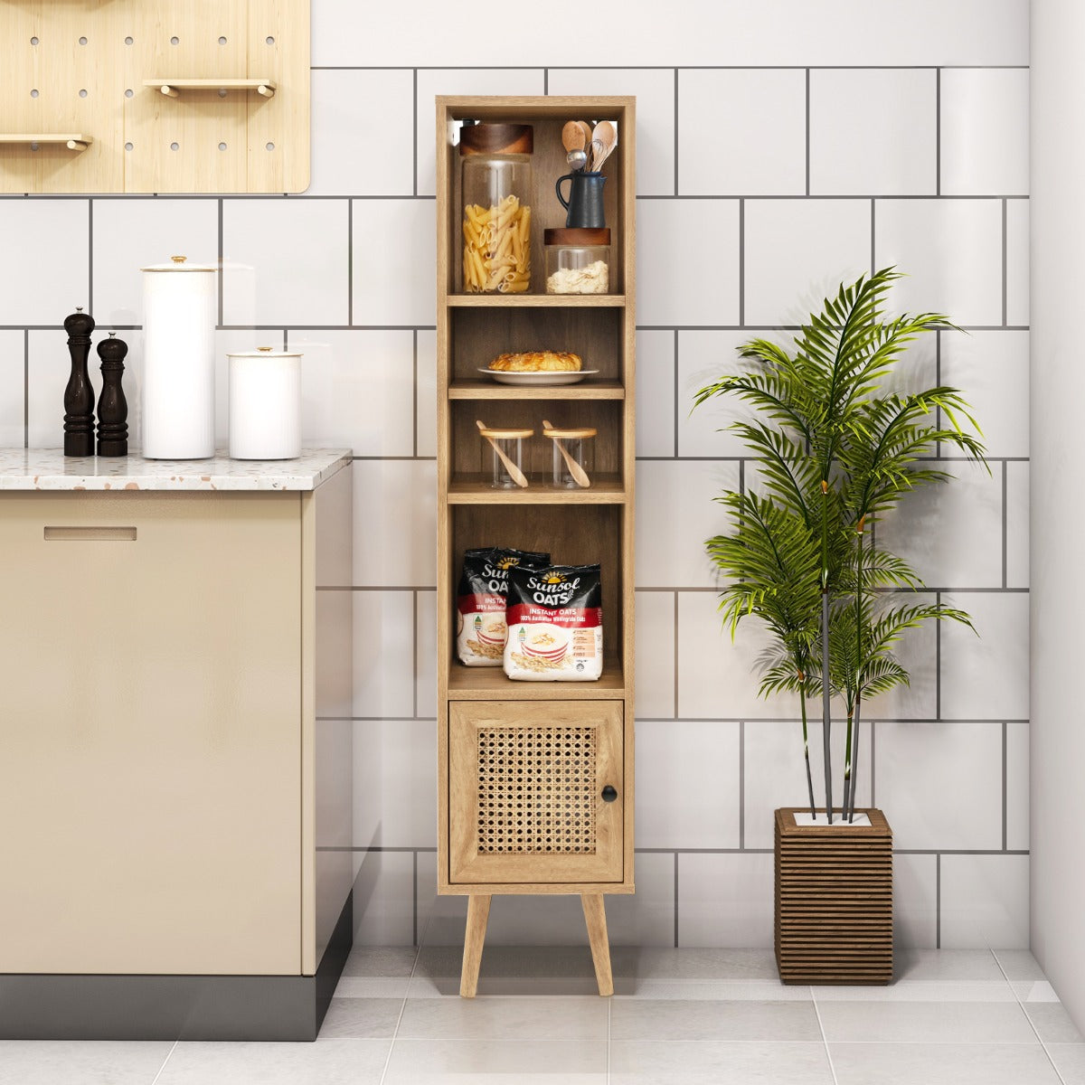 Freestanding Slim Cabinet with Rattan Door and Solid Wood Legs-Natural