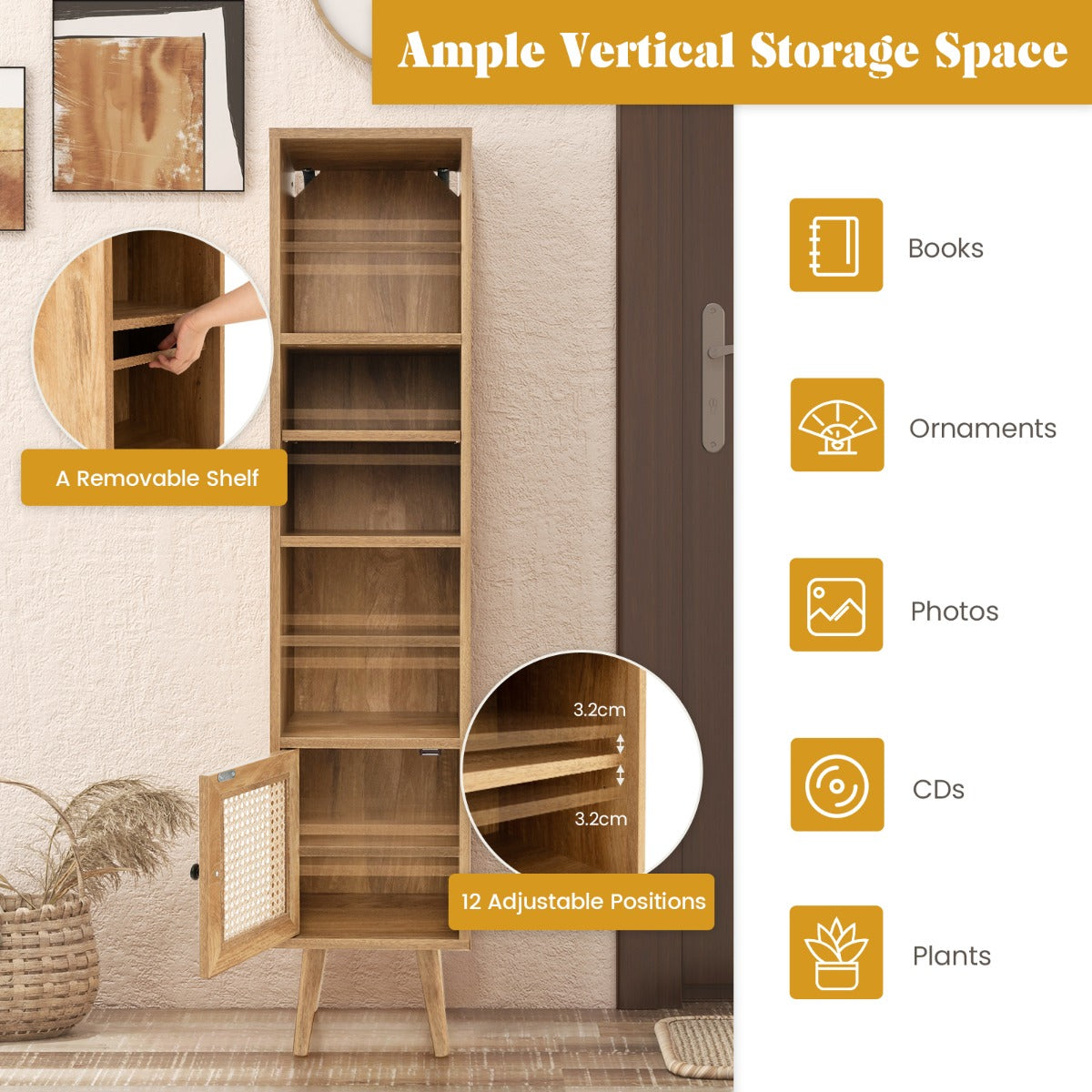 Freestanding Slim Cabinet with Rattan Door and Solid Wood Legs-Natural