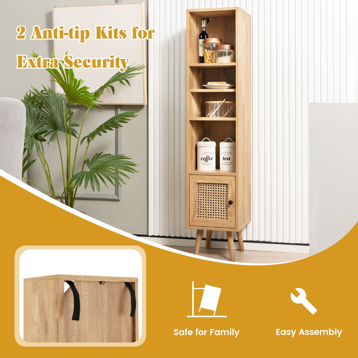 Freestanding Slim Cabinet with Rattan Door and Solid Wood Legs-Natural