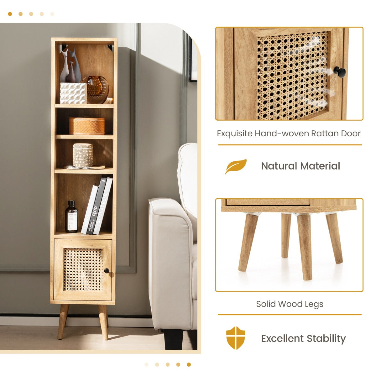 Freestanding Slim Cabinet with Rattan Door and Solid Wood Legs-Natural