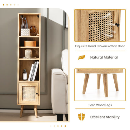 Freestanding Slim Cabinet with Rattan Door and Solid Wood Legs-Natural