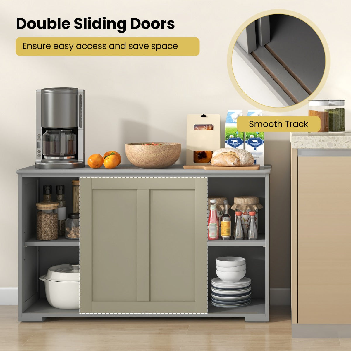 Freestanding Storage Cabinet with Sliding Door for Kitchen-Grey