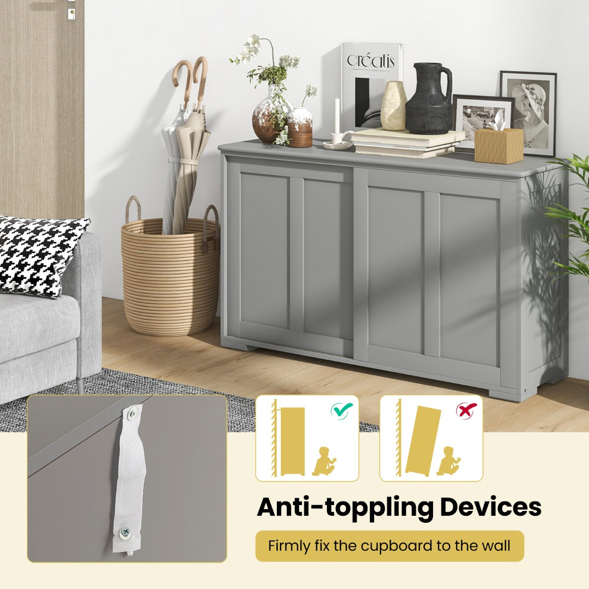Freestanding Storage Cabinet with Sliding Door for Kitchen-Grey