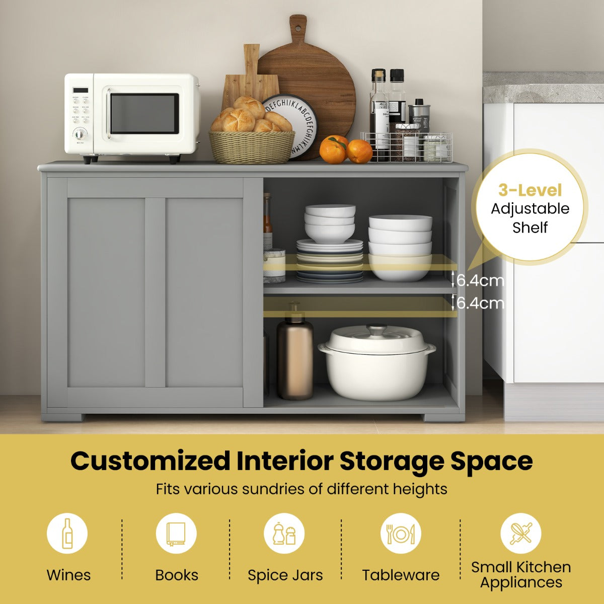 Freestanding Storage Cabinet with Sliding Door for Kitchen-Grey