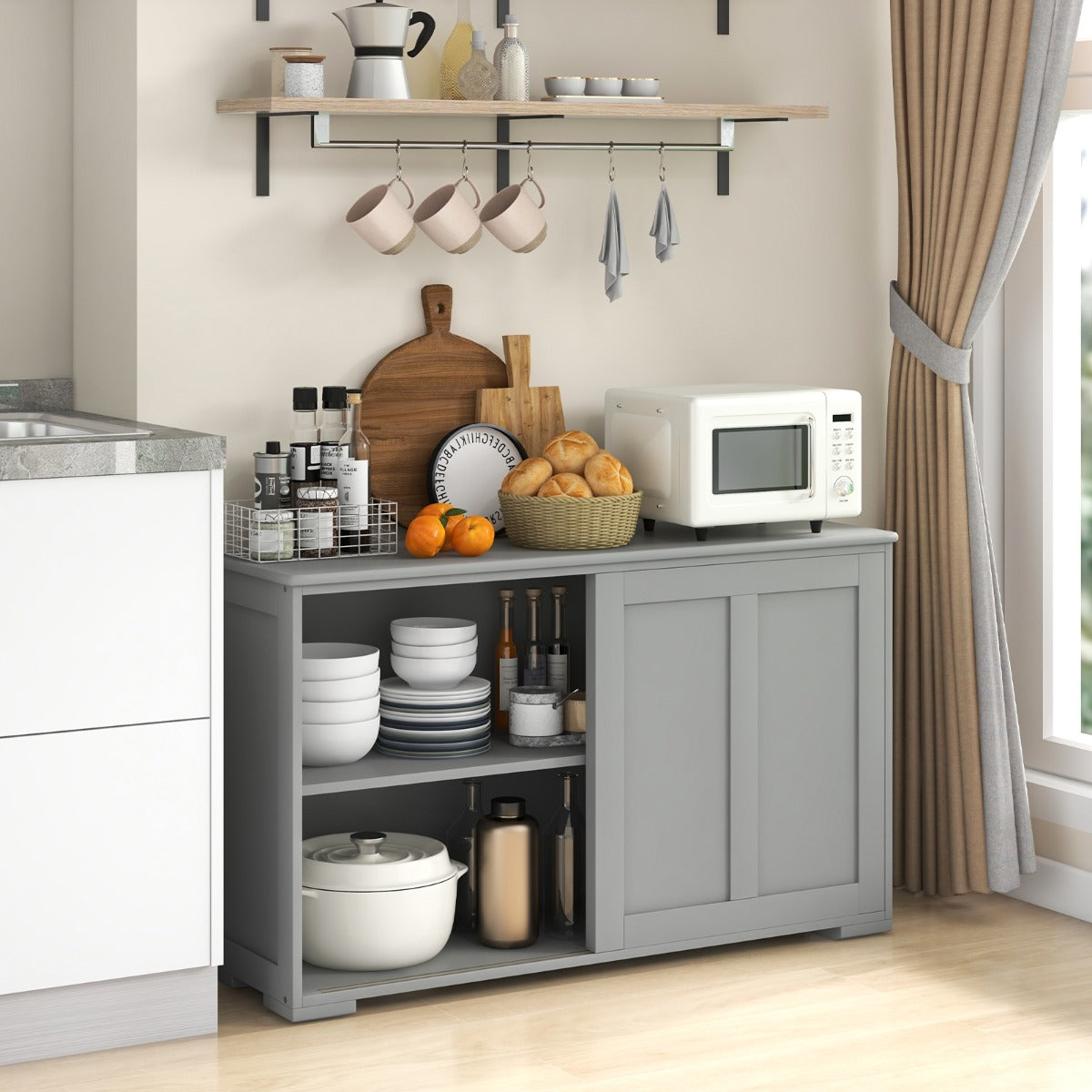 Freestanding Storage Cabinet with Sliding Door for Kitchen-Grey