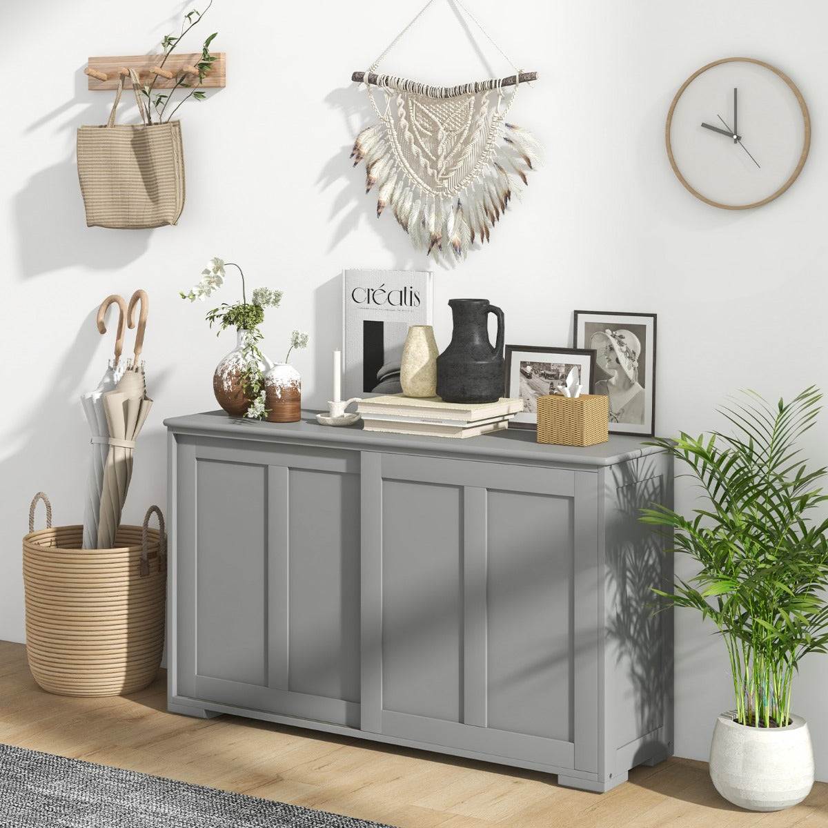 Freestanding Storage Cabinet with Sliding Door for Kitchen-Grey