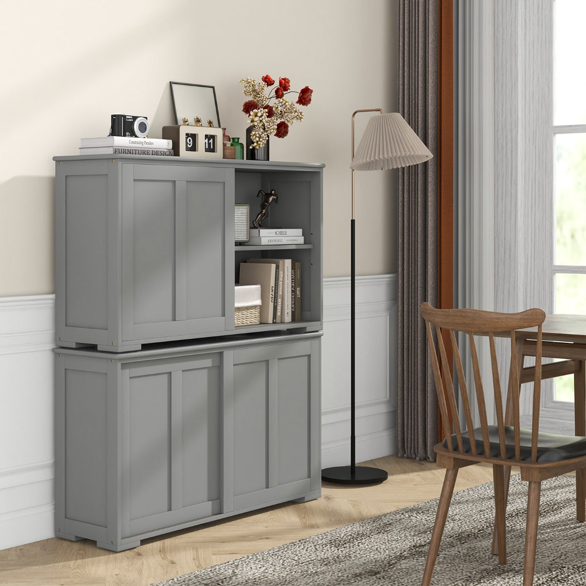 Freestanding Storage Cabinet with Sliding Door for Kitchen-Grey