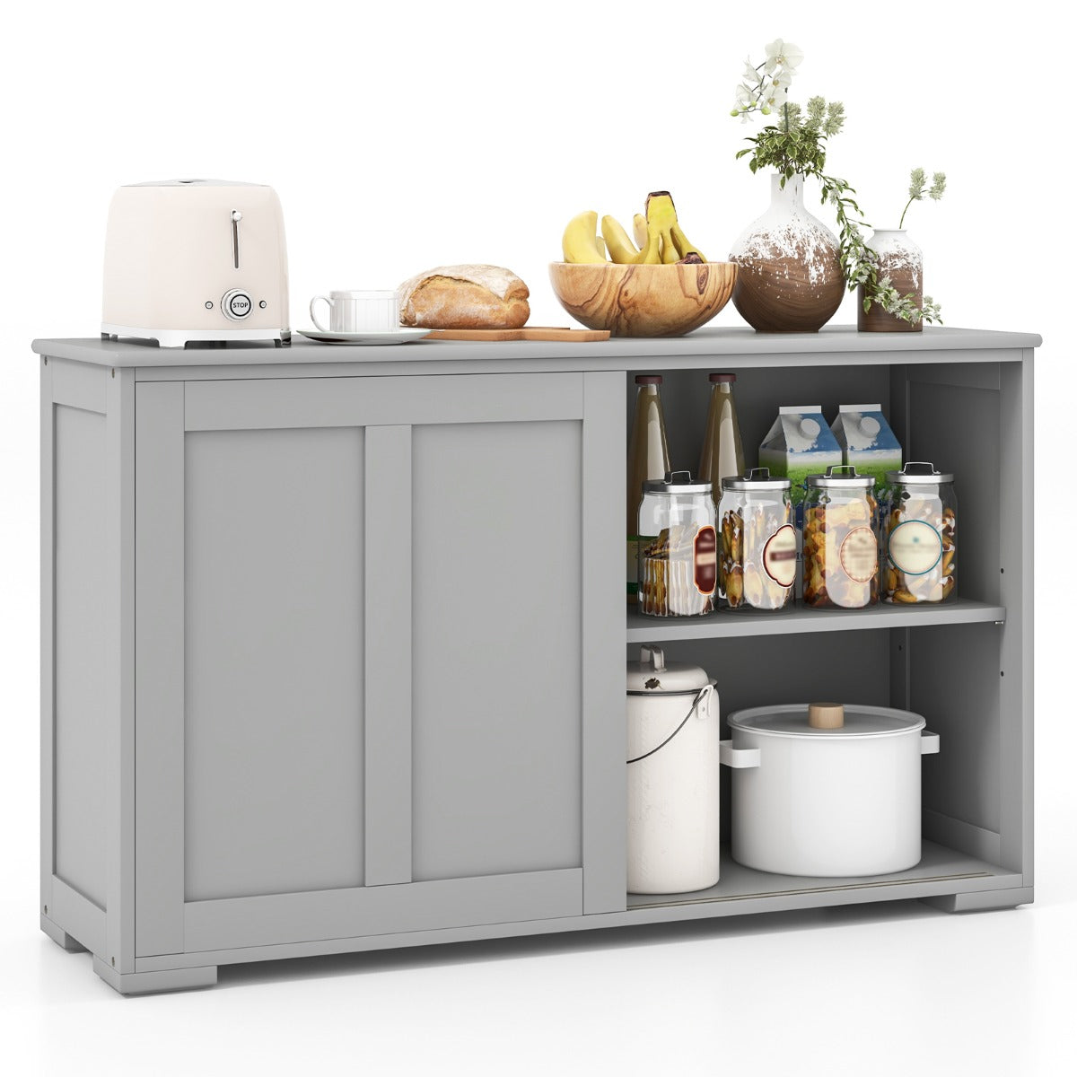 Freestanding Storage Cabinet with Sliding Door for Kitchen-Grey