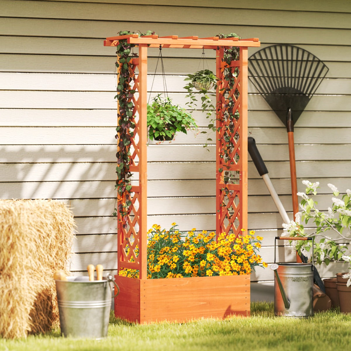 Freestanding Wood Raised Garden Bed Planter Box with Trellis-Orange