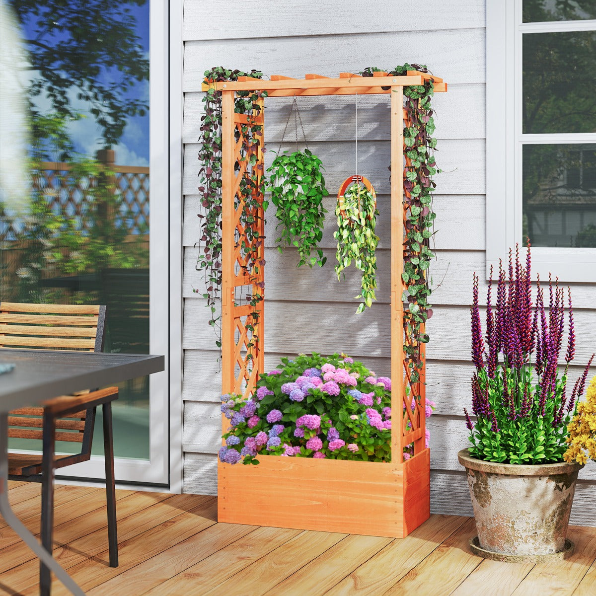 Freestanding Wood Raised Garden Bed Planter Box with Trellis-Orange