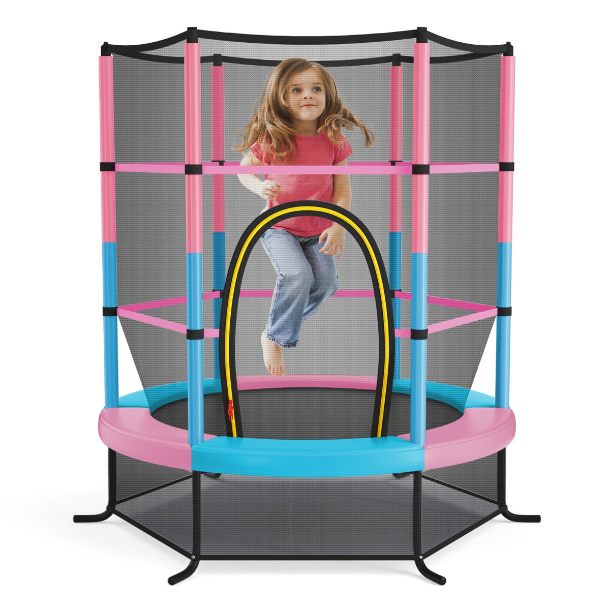 5.3FT Mini Kids Trampoline with 135kg Load Capacity & Enclosure Net-Macaron
