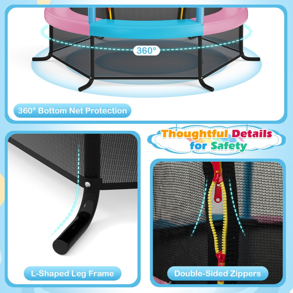 5.3FT Mini Kids Trampoline with 135kg Load Capacity & Enclosure Net-Macaron