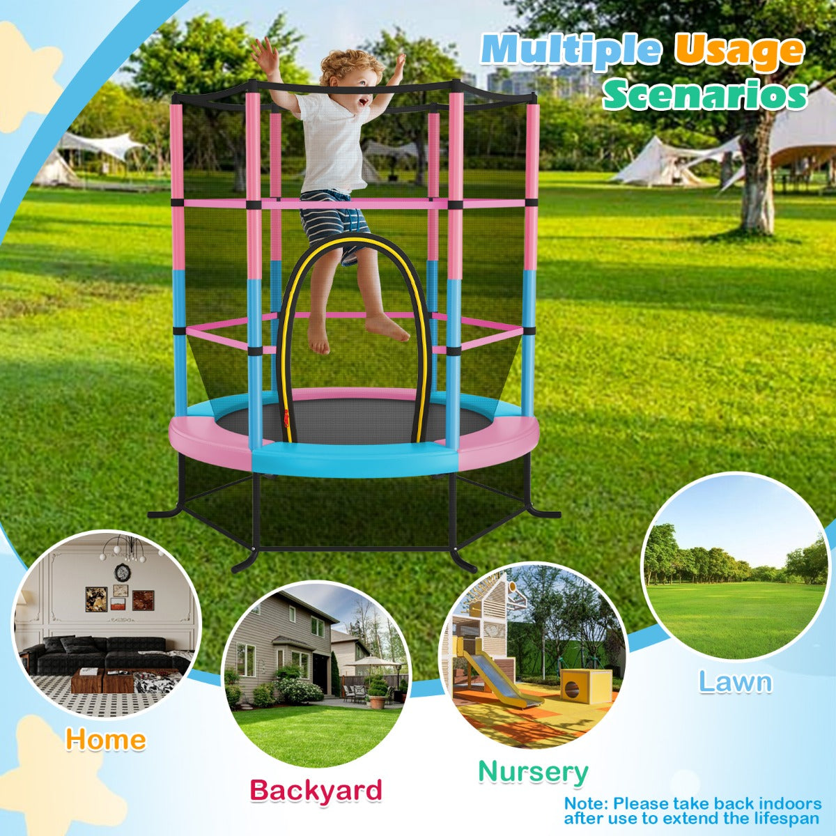 5.3FT Mini Kids Trampoline with 135kg Load Capacity & Enclosure Net-Macaron