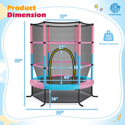 5.3FT Mini Kids Trampoline with 135kg Load Capacity & Enclosure Net-Macaron
