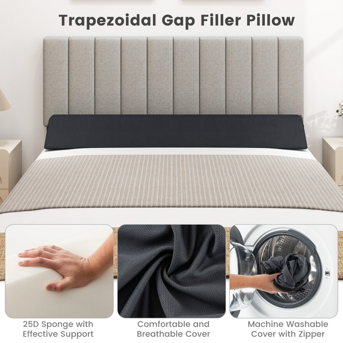 Bed Wedge Pillow for Headboard Gap with 2 Storage Pockets-Grey-Full