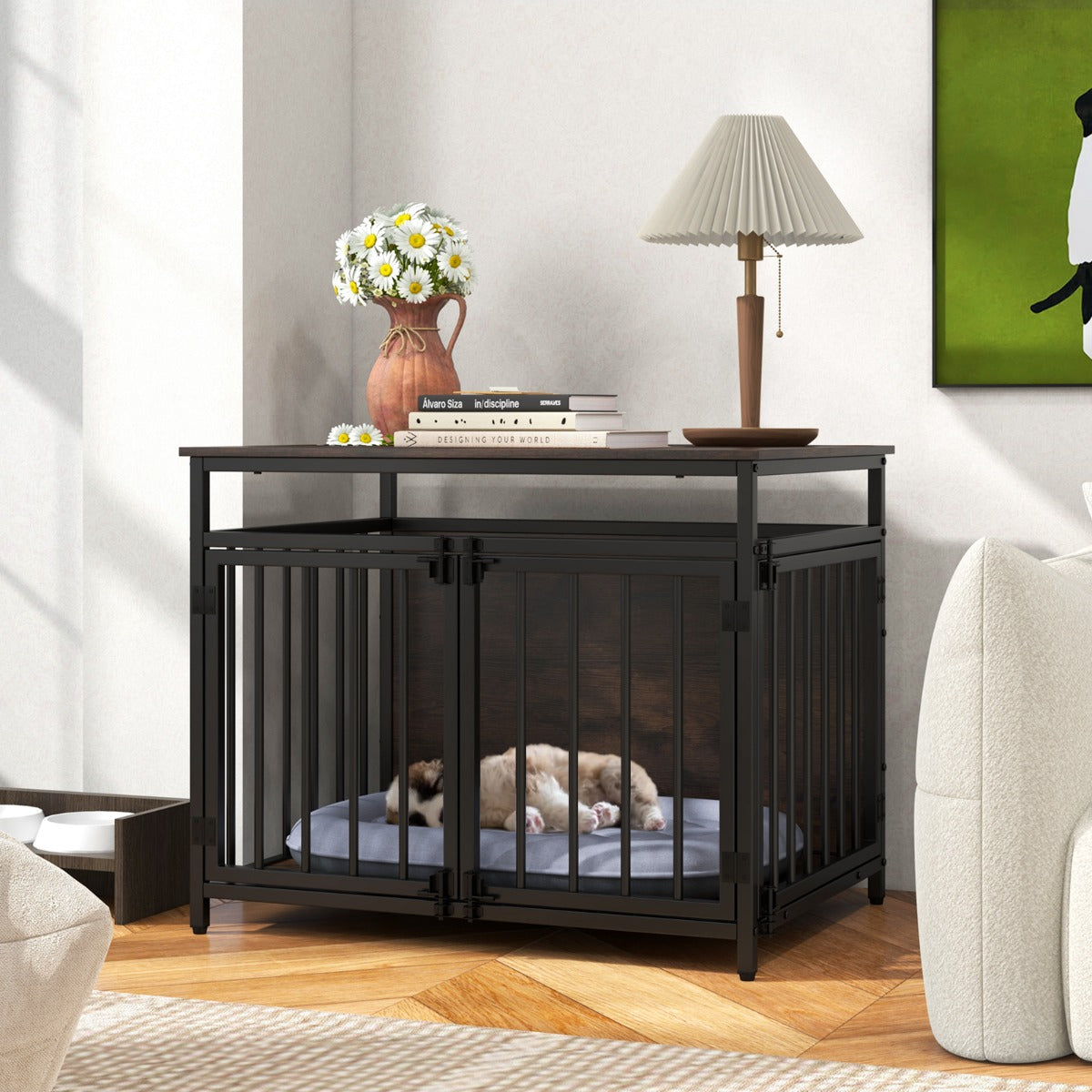 Furniture Style Dog Crate Chew-resistant Dog Cage with Three Doors-Rustic Brown
