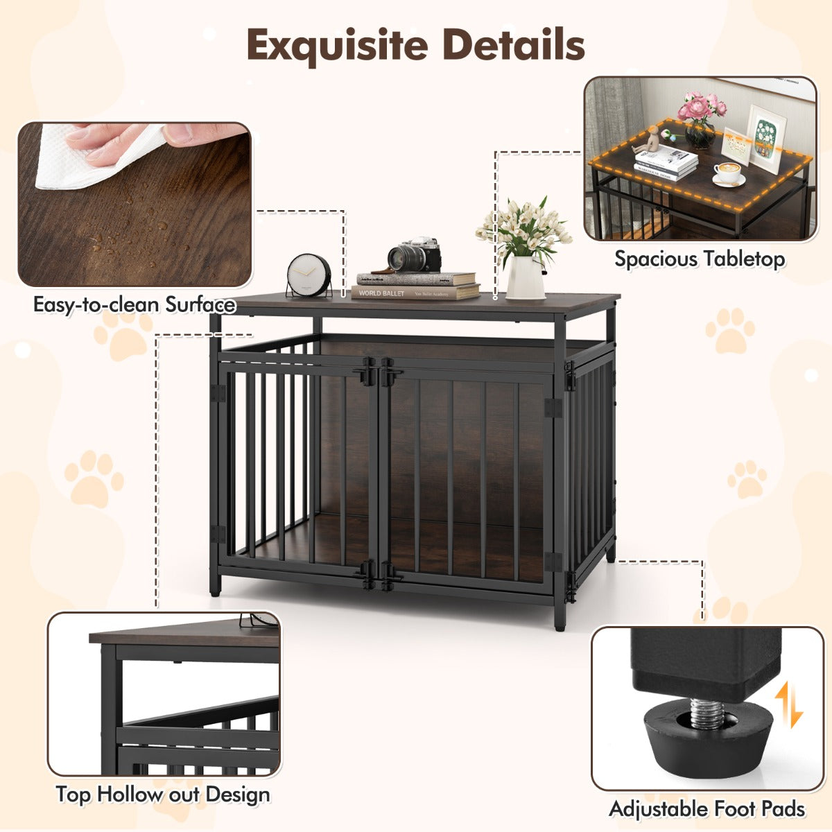 Furniture Style Dog Crate Chew-resistant Dog Cage with Three Doors-Rustic Brown