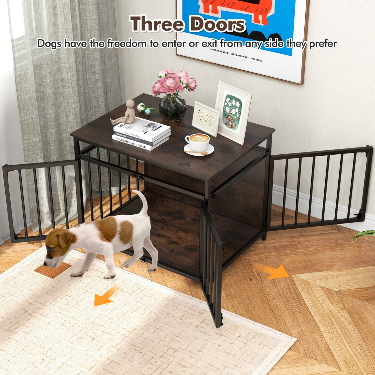 Furniture Style Dog Crate Chew-resistant Dog Cage with Three Doors-Rustic Brown