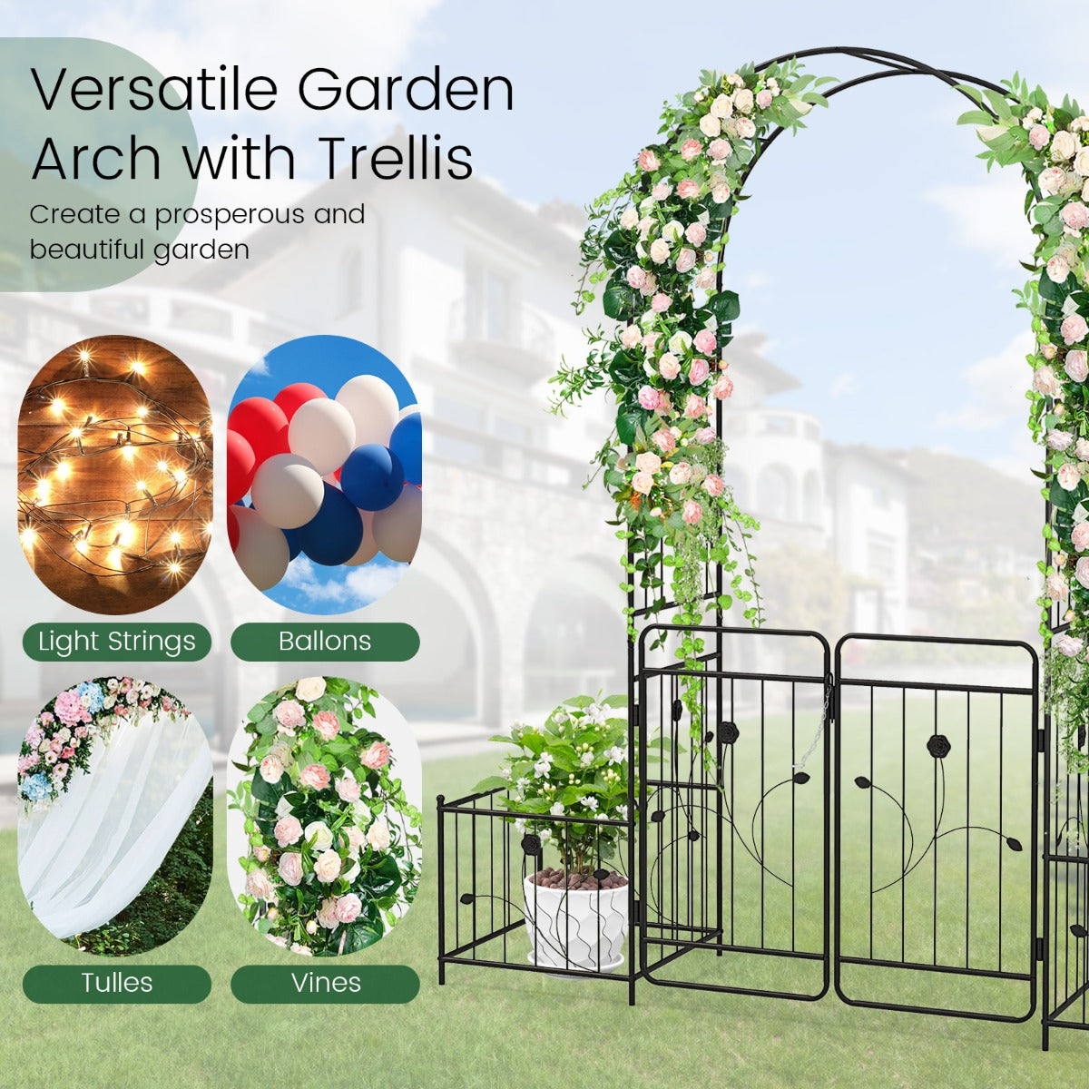 2.2M Garden Arbor Metal Arch Trellis Lockable Gate