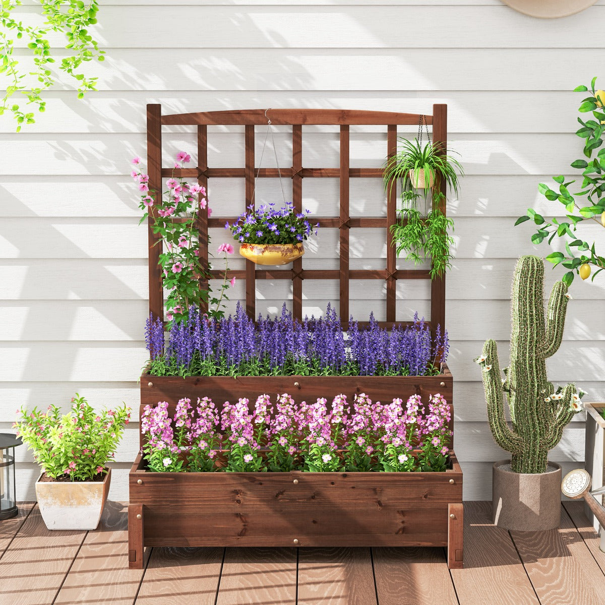 2-tier Raised Garden Bed with Trellis and Drainage Holes for Backyard-Rustic Brown