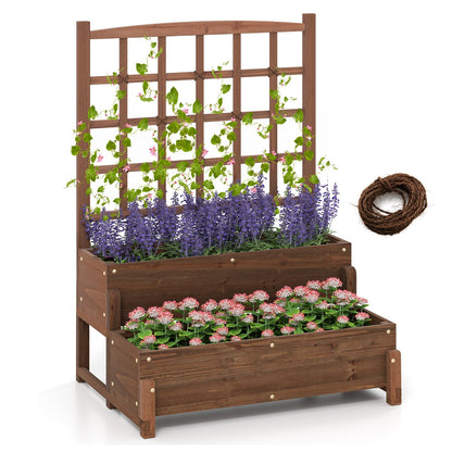 2-tier Raised Garden Bed with Trellis and Drainage Holes for Backyard-Rustic Brown