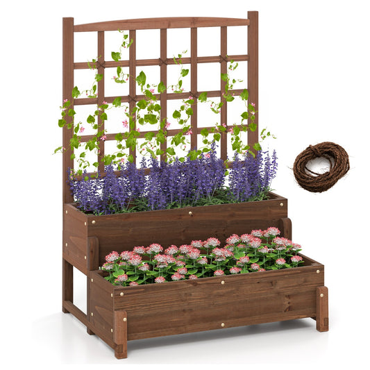 2-tier Raised Garden Bed with Trellis and Drainage Holes for Backyard-Rustic Brown
