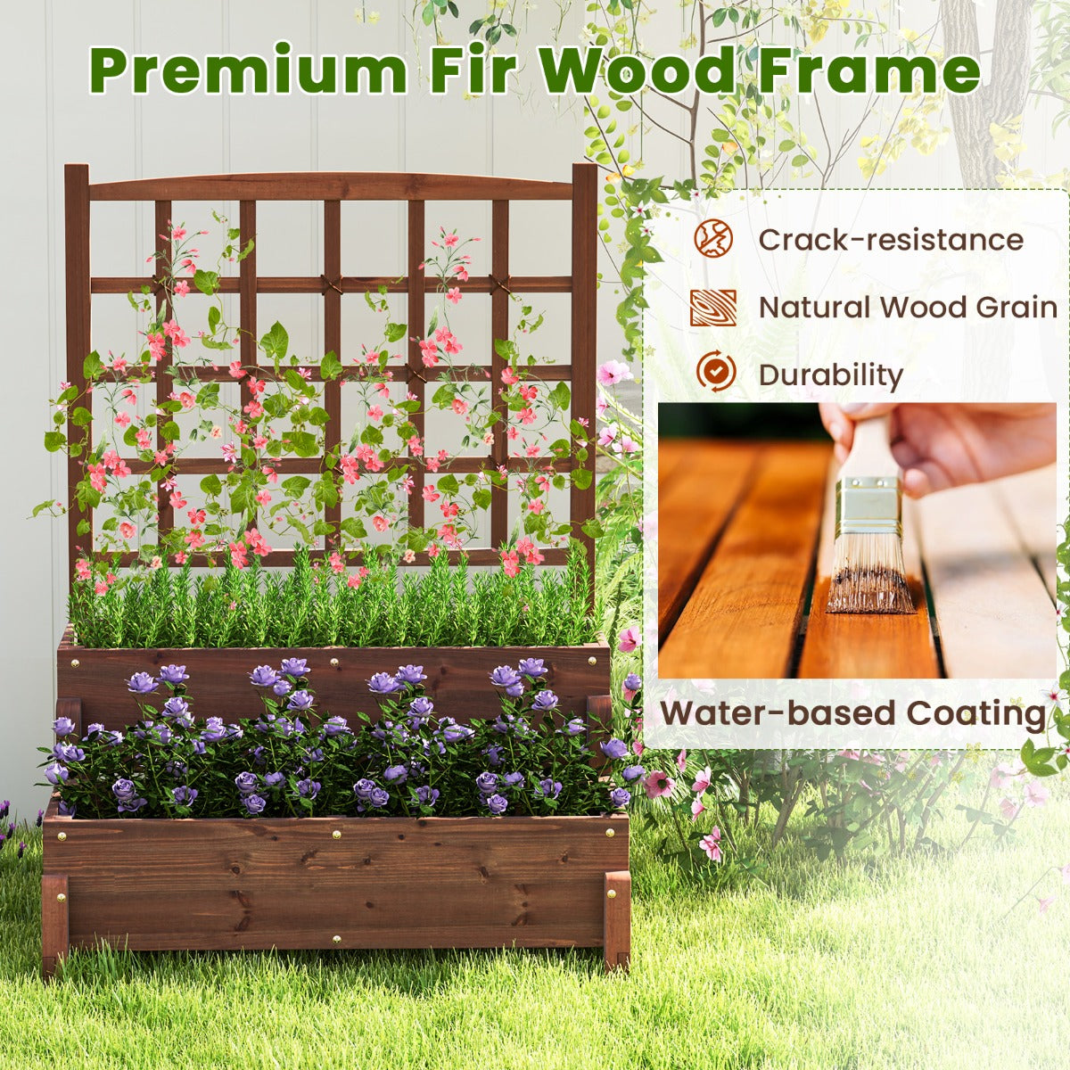 2-tier Raised Garden Bed with Trellis and Drainage Holes for Backyard-Rustic Brown