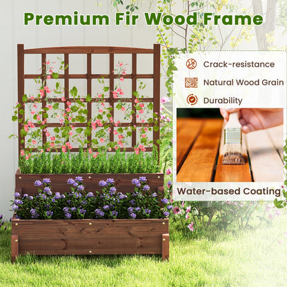 2-tier Raised Garden Bed with Trellis and Drainage Holes for Backyard-Rustic Brown