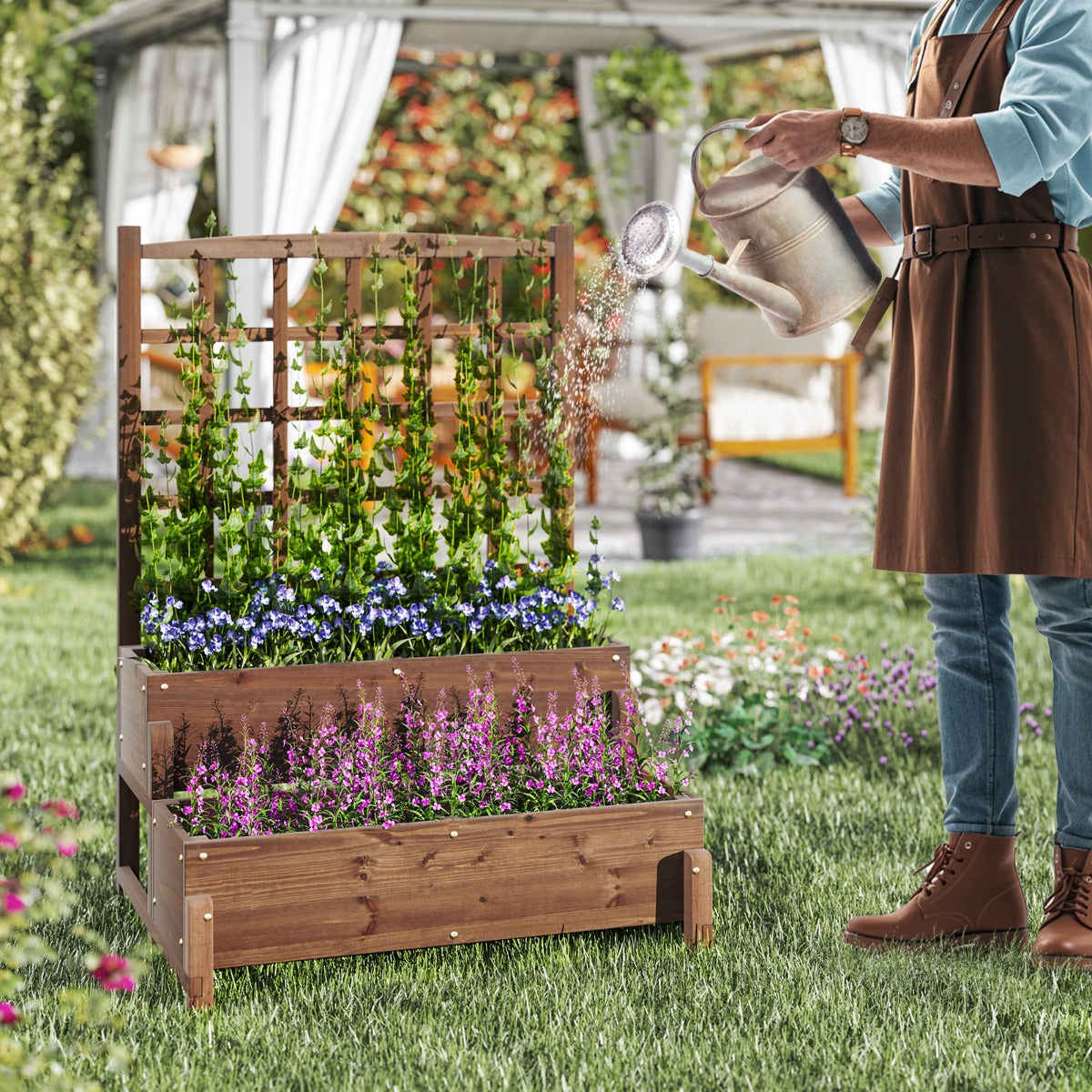 2-tier Raised Garden Bed with Trellis and Drainage Holes for Backyard-Rustic Brown