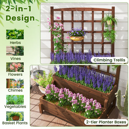 2-tier Raised Garden Bed with Trellis and Drainage Holes for Backyard-Rustic Brown