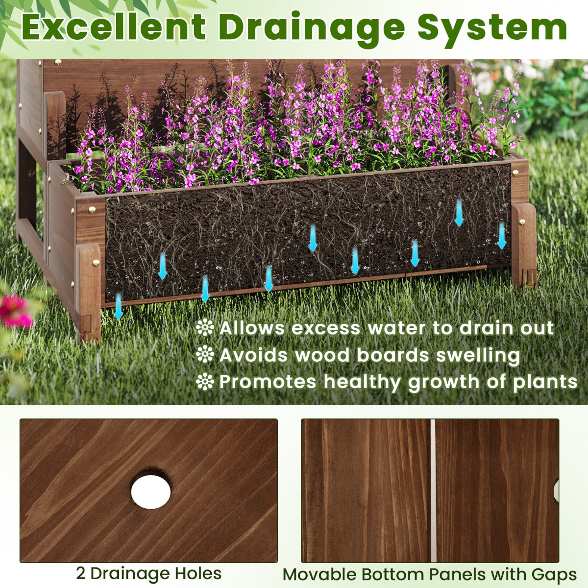 2-tier Raised Garden Bed with Trellis and Drainage Holes for Backyard-Rustic Brown