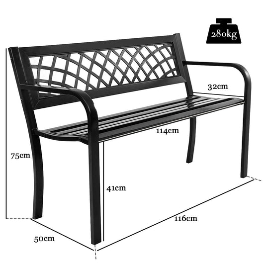 Black metal garden bench with ergonomic backrest for comfortable seating in outdoor spaces