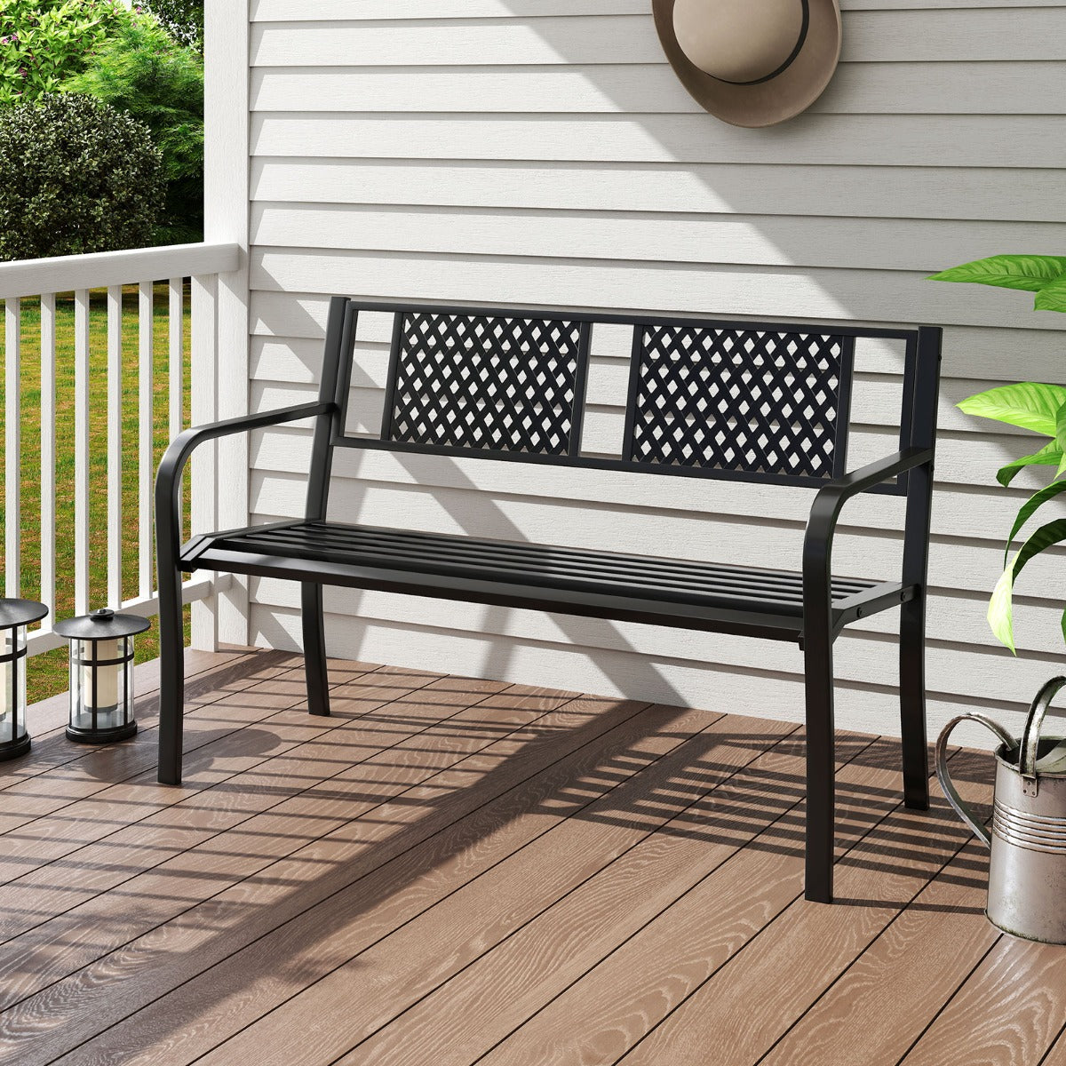 127 cm Outdoor Bench Garden Bench with Diamond Backrest-Black