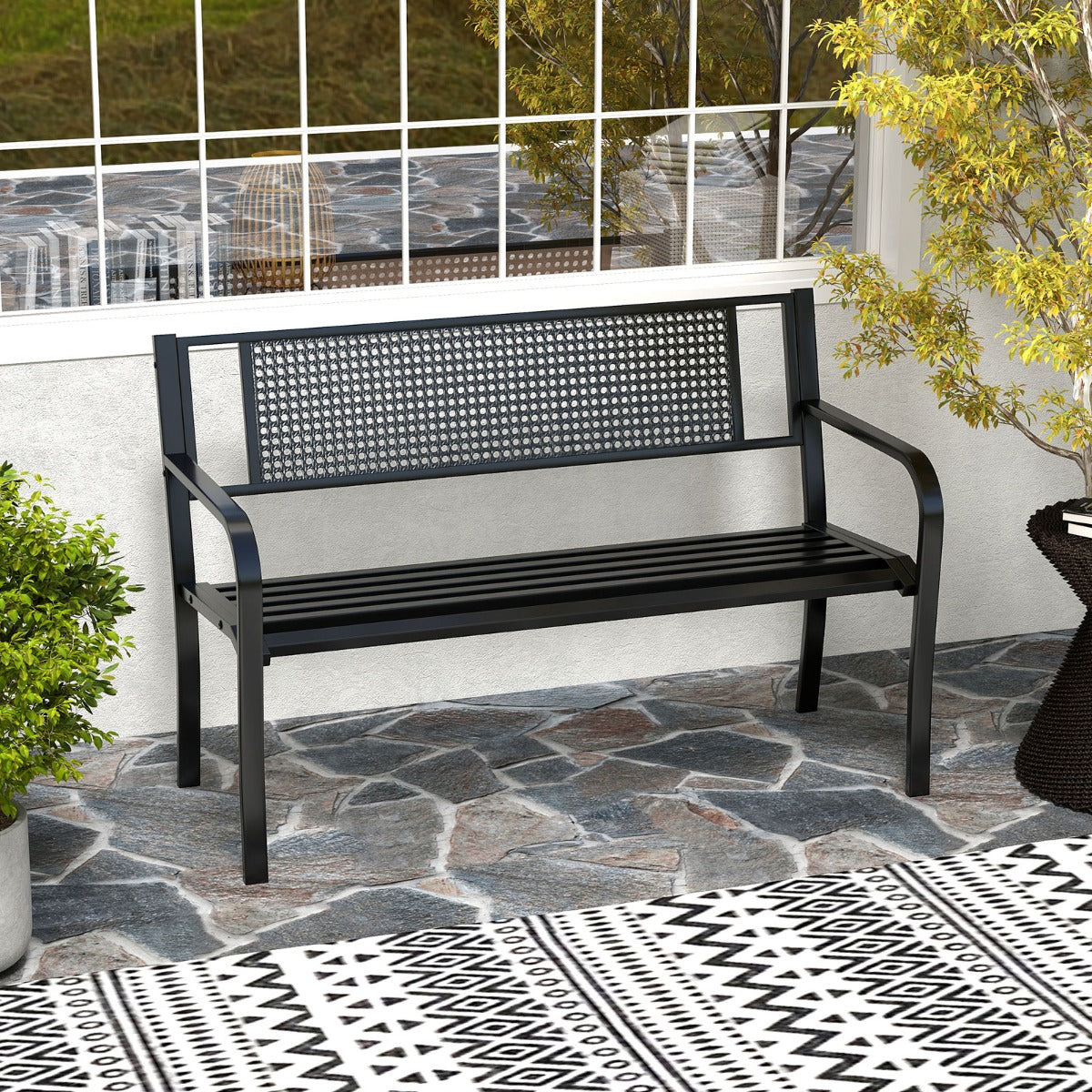 127 cm Outdoor Bench Garden Bench with Patterned Backrest-Black