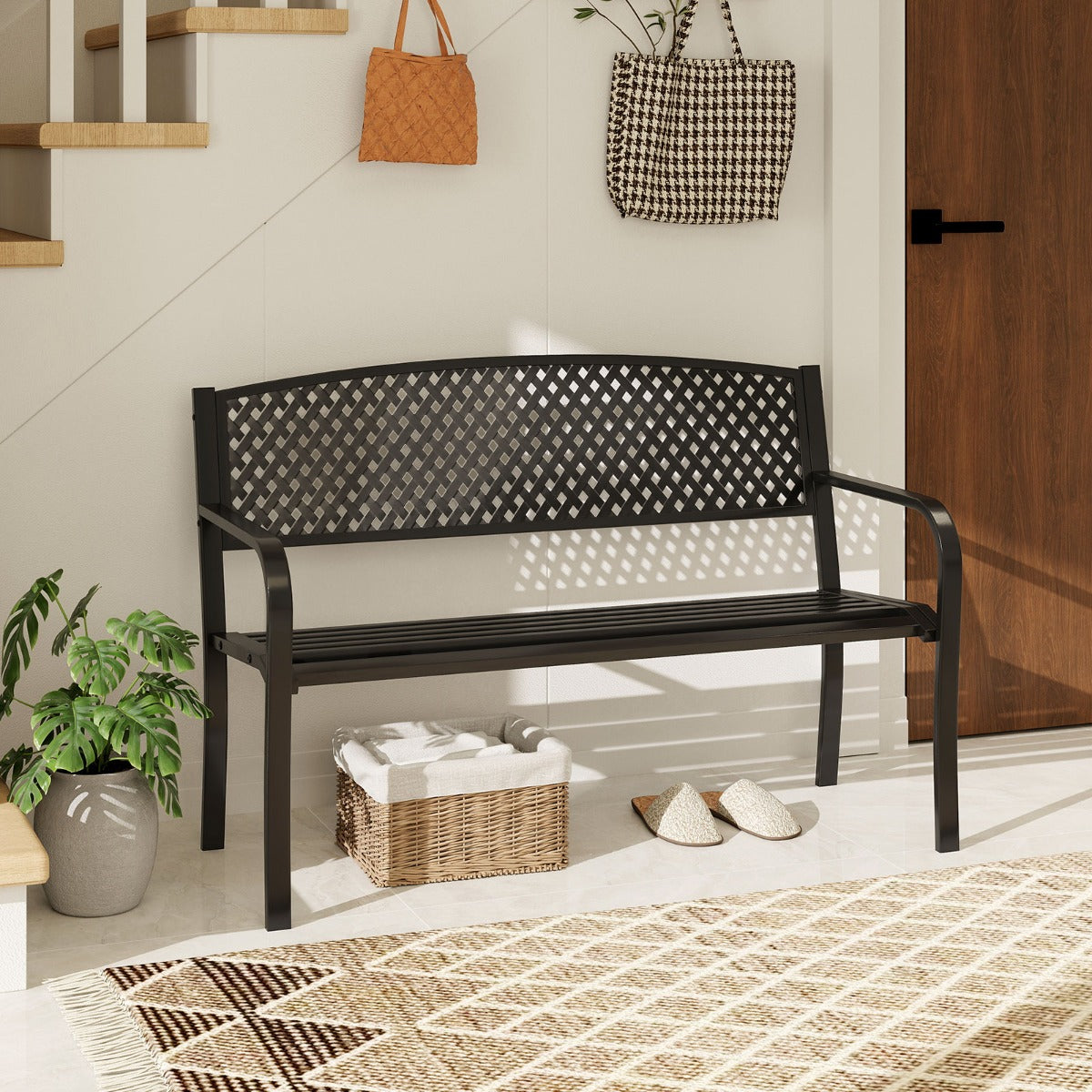 127 cm Outdoor Bench Garden Bench with Wave Back-Black